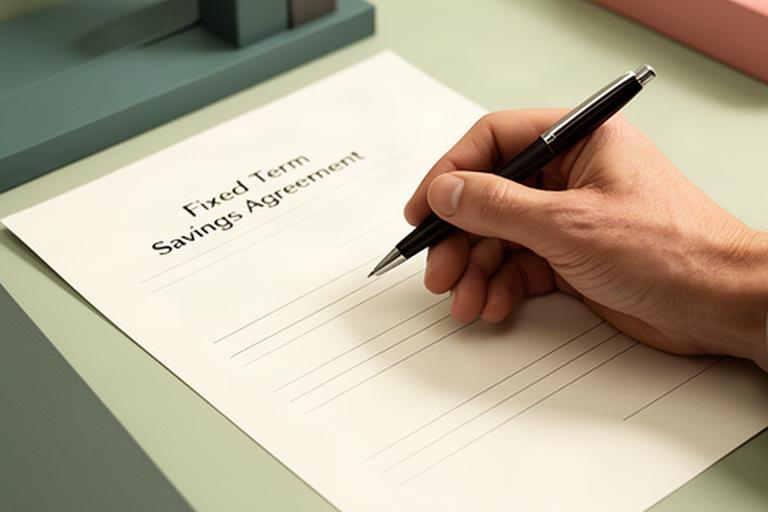 Hand mit Stift neben einem Vertrag für sechs Monate Festgeld