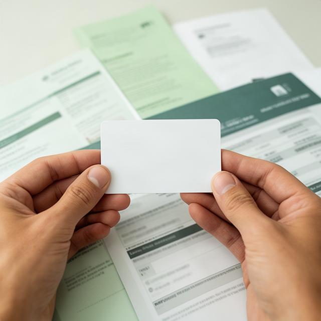Hände halten einen Ausweis neben sorgfältig sortierten Bankunterlagen