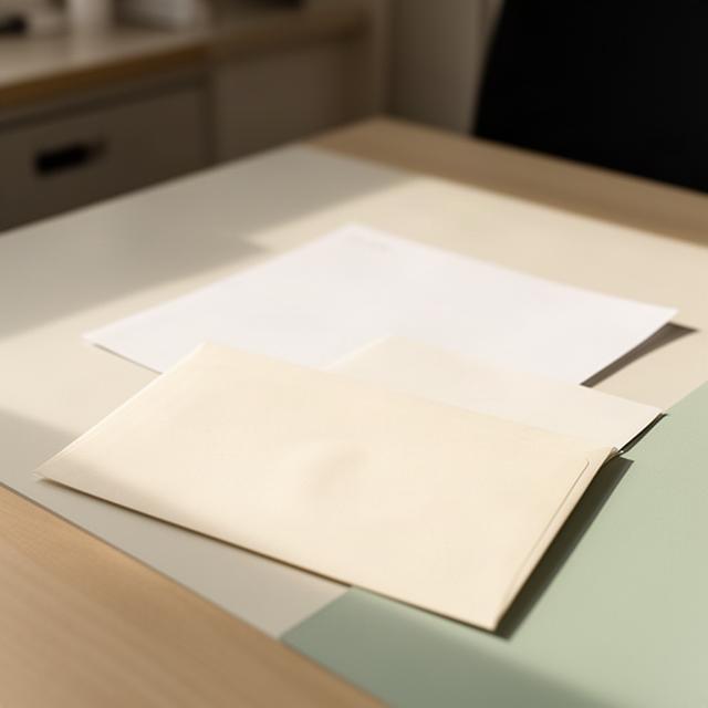 Briefumschlag mit vorbereiteter Antwort auf einem Schreibtisch im Tageslicht