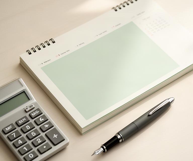Kalender mit markierter Laufzeit neben einem Taschenrechner und einem Füller