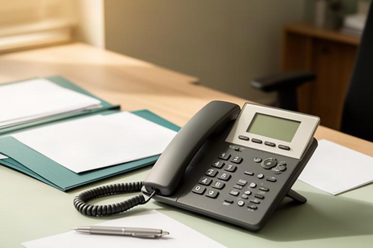 Schreibtisch mit Telefon und Unterlagen in einem Büro in Sömmerda, Thüringen
