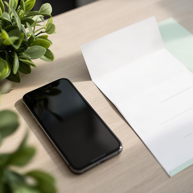 Telefon und Briefunterlagen auf einem ruhigen Arbeitstisch mit grünen Pflanzen