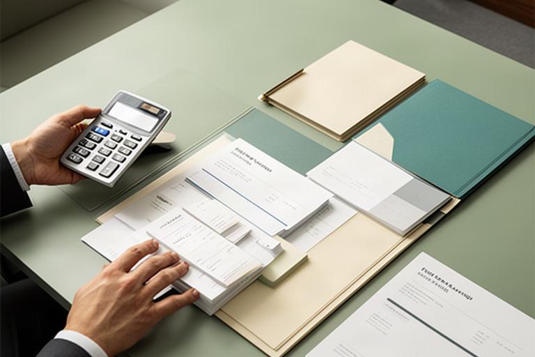 Geschäftliche Finanzplanung mit Taschenrechner und Festgeldunterlagen im Büro