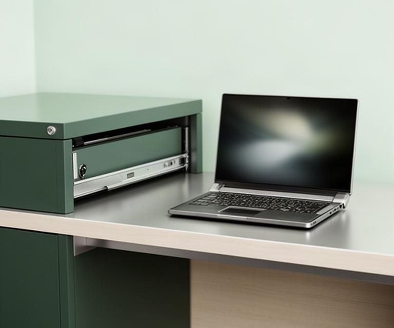 Verschlossenes Archivfach und Laptop in einem aufgeräumten Büro