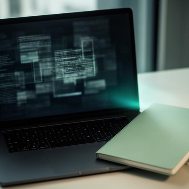 Laptop mit verschlüsselter Datenansicht neben einem geschlossenen Notizbuch