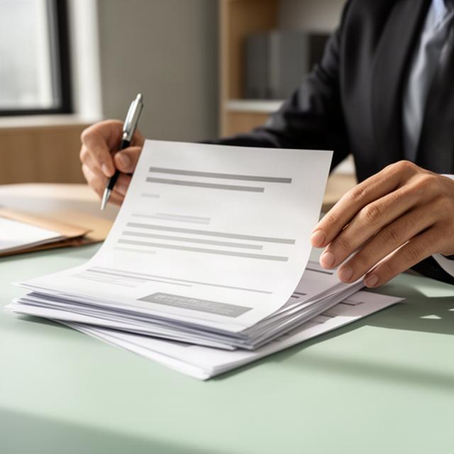 Person prüft Unterlagen mit einem Stift an einem modernen Bürotisch