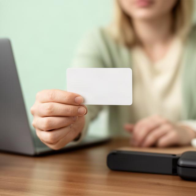 Person hält einen Ausweis für die Identitätsprüfung am heimischen Schreibtisch