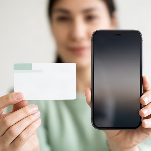Person hält einen Ausweis für eine digitale Identitätsprüfung bereit