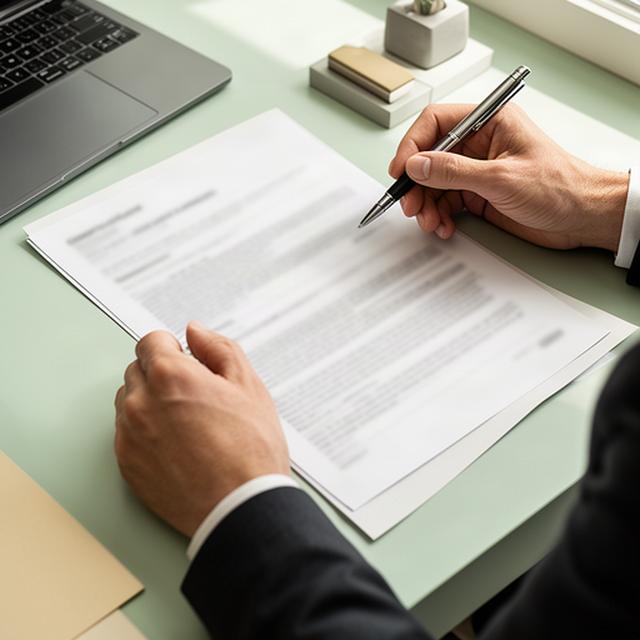 Person prüft Vertragsklauseln mit einem Stift an einem hellen Arbeitsplatz